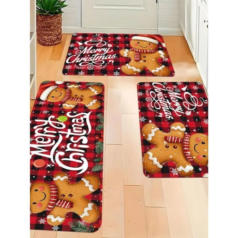 Set of 3 Festive Christmas Holiday Gingerbread Man Pattern Kitchen Mat Decor